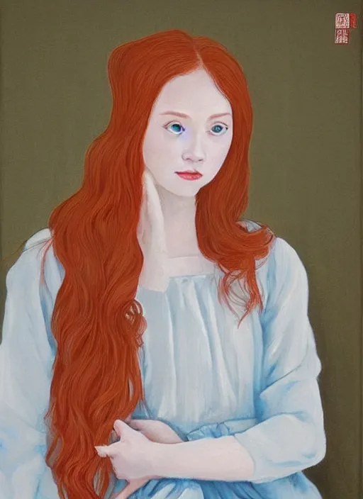 Image similar to a portrait of a young woman with ginger hair and light blue eyes wearing a traditional silk dress with very long sleeves. she looks at the viewer with a curious, witty expression. beautiful painting by jia ruan.