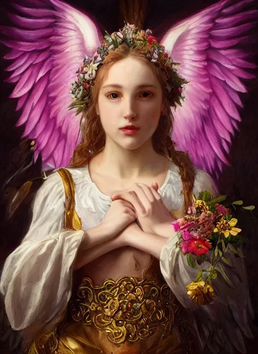 Image similar to full body oil painting of smoking wolf wearing pink shirt, in the style of sophie anderson, angel wings, angelic golden armor, dramatic painting, symmetrical composition, ornate, high detail, gold detailed collar, blooming, lights, flowers,