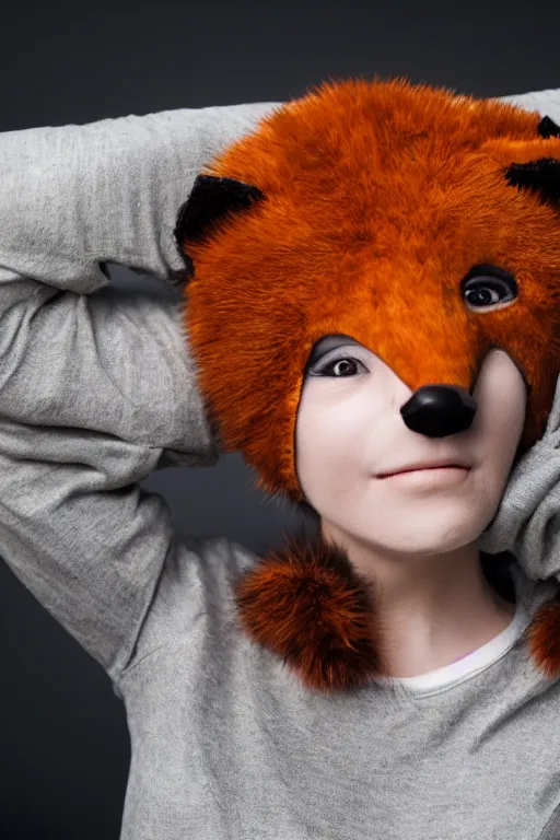 Image similar to photo of a woman in a realistic fox fursuit body, with her head exposed, in a photo studio, studio photography