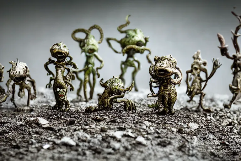 Image similar to miniature figurines of lovecraftian monsters, close up, detail, tilt shift, product photography