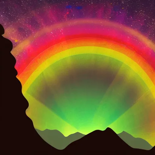 Image similar to fantasy world zoomed out mountains silhouette in the dark rainbow sky, 8 k, hd