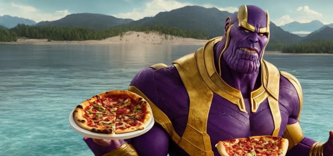 Image similar to a very high resolution image from a new movie. thanos eating pizza on a lake, photorealistic, photography, directed by wes anderson
