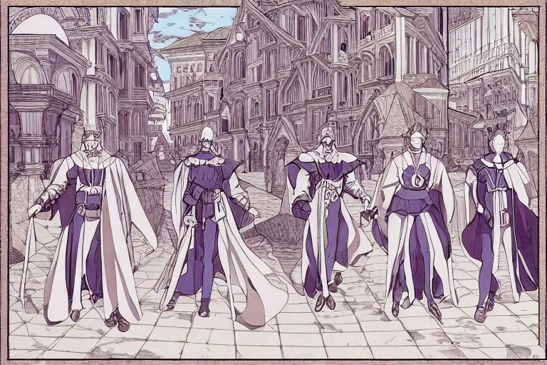 Prompt: cel shaded study of a group of mages in a late renaissance city, key visual with intricate linework, in the style of moebius, ayami kojima, 9 0's anime, retro fantasy