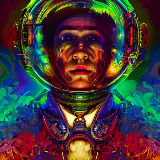 Image similar to An extremely psychedelic experience, colorful, surreal, dramatic lighting, cosmonaut, LSD, face, detailed, intricate, elegant, highly detailed, digital painting, artstation, concept art, smooth, sharp focus, illustration, art by Sam Spratt, Dan Mumford, Artem Demura and Alphonse Mucha