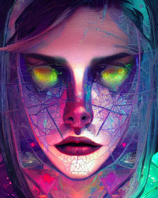 Image similar to glitch art close up portrait vampire, glitches, vaporwave, highly detailed, very intricate, graphical errors, neon glitch, chromatic aberration, harsh lighting, award - winning, unreal engine 5, illustration by mandy jurgens and alphonse mucha and alena aenami, glitch color palette, featured on artstation