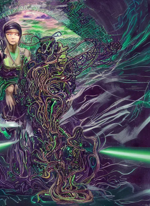 Image similar to basilisk of roko and the awakening of an ai with consciousness, surreal technological conceptual art magical cybernetic realism horro visions distopic and utopic art