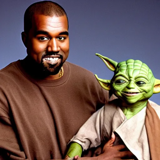 Image similar to kanye west smiling and holding yoda yoda for a 1 9 9 0 s sitcom tv show, studio photograph, portrait