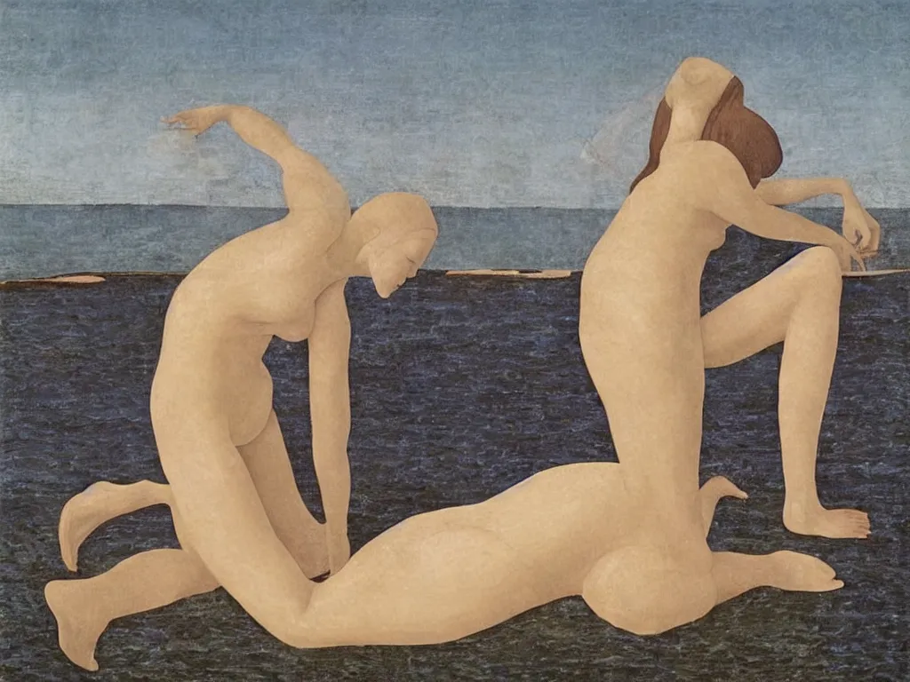Image similar to Woman transforming into a river sculpted by Henri Moore. Painting by Piero della Francesca, Alex Colville