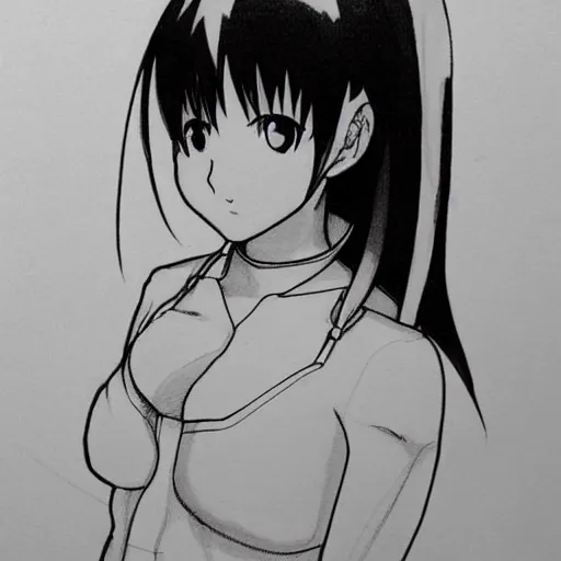 Image similar to beautiful aesthetic inspirational masterful professional ink pen liner sketch of a 1 9 9 0 s anime manga japanese girl posing in latex leotard, marvel style, concept art, fine details, trending on artstation, high quality paper, instagram photo. art university academy work, gnomon, calarts