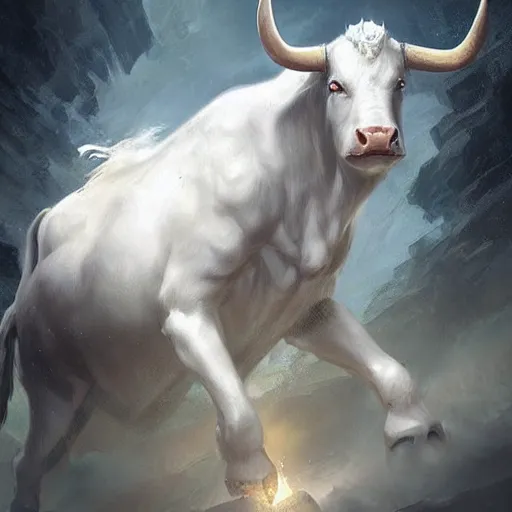 Image similar to a white bull with angelic wings, epic fantasy digital art, fantasy style art, by Greg Rutkowski, fantasy hearthstone card art style