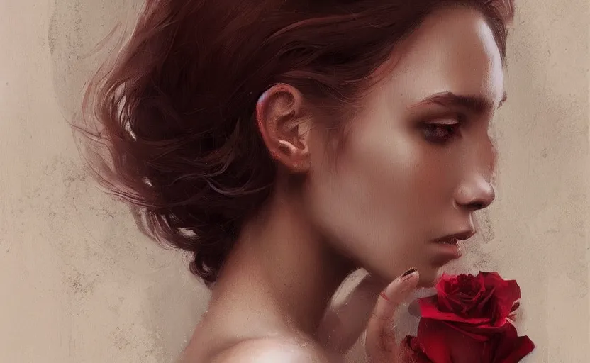 Image similar to a painting of virtualrose trending on artstation in the style of greg rutkowski, beautiful, young female, sensual, natural skin, brown hair, red rose in hair, natural sensuality