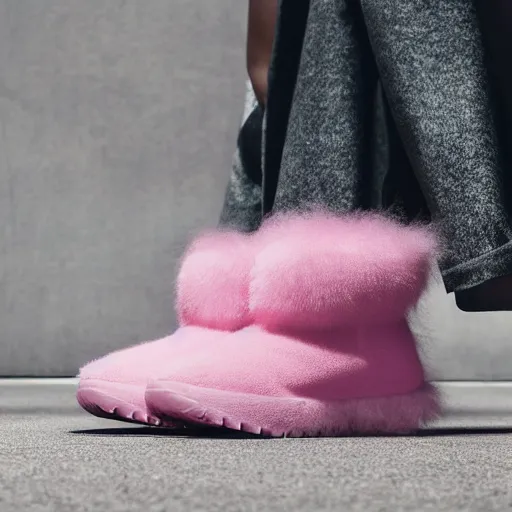 Prompt: nike shoe made of very fluffy pink faux fur placed on reflective surface, professional advertising, overhead lighting, heavy detail, realistic by nate vanhook, mark miner