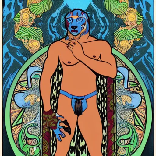 Prompt: god of nature, blue panther, in a style of mucha