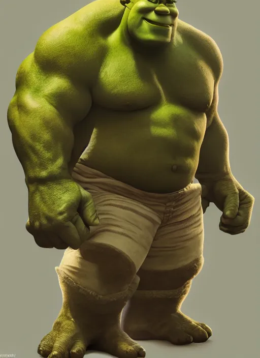 Image similar to portrait of shrek as hulk, naturel, hyper detailed, digital art, trending in artstation, cinematic lighting, studio quality, smooth render, unreal engine 5 rendered, octane rendered, art style by klimt and nixeu and ian sprigger and wlop and krenz cushart.