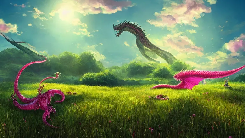 Prompt: sunny grassy field with a huge dragon worm bursting through the ground, pink and green grass, bright, vibrant, by sylvain sarrailh, rossdraws, ambient light, ultra detailed, fantasy artwork, 8 k, volumetric lighting, trending on artstation, award winning, beautiful scenery, very beautiful.