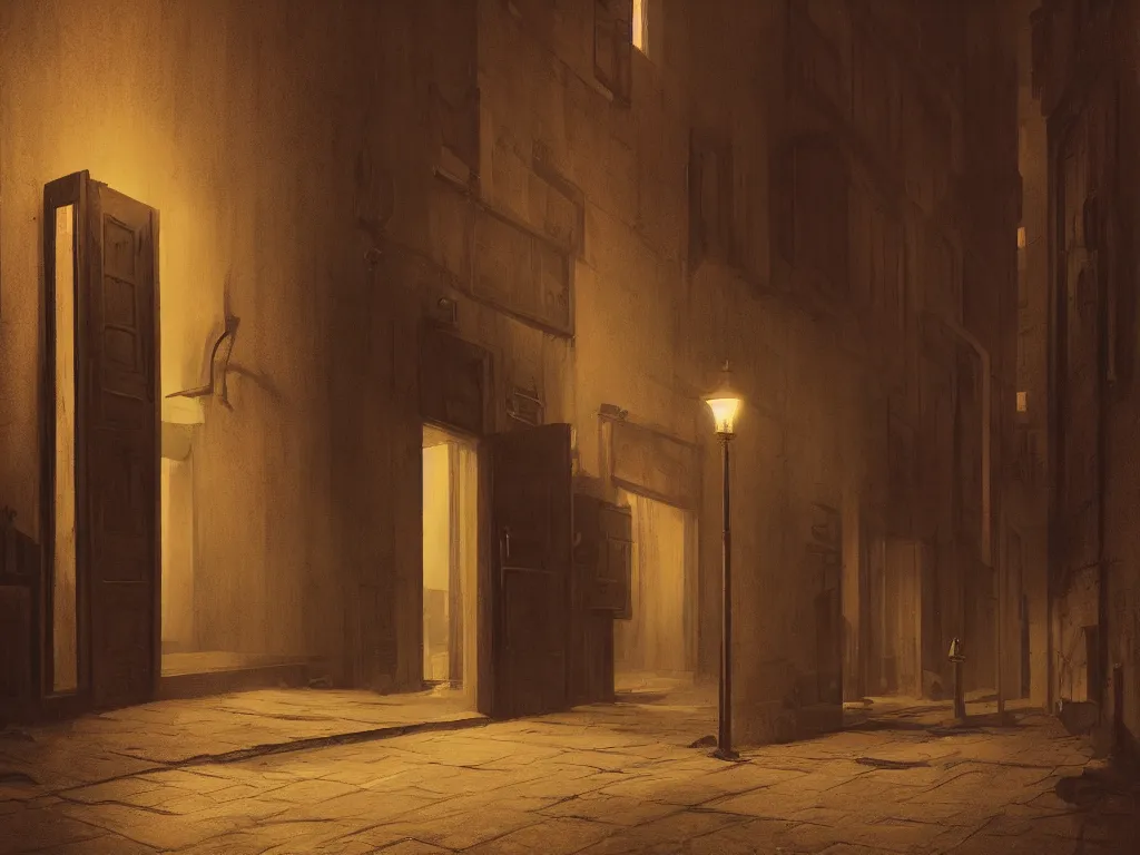 Prompt: a detailed matte painting of a nightscene with a dark alley at the end an illuminated door in the style of greg rutkowski and edward hopper