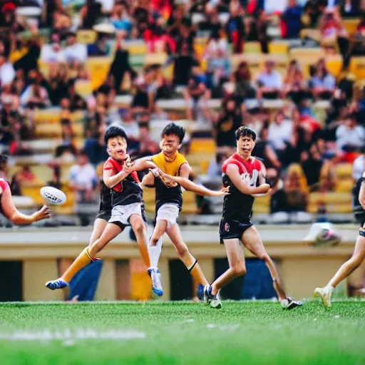 Image similar to Justin Sun kicking, baby flying through a field goal, professional Australian Rules Football photography