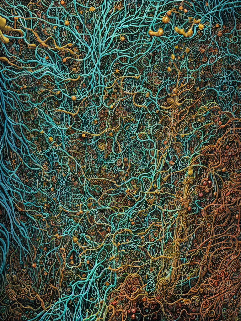 Image similar to A hyperrealistic mixed media relief of a network of hyphae, nerves, slime mold, and rhizomorphic fungus. Shaped like roots and neurons. Lovecraftian, colorful, surreal. By Dan Mumford and Ian McQue and Karol Bak.