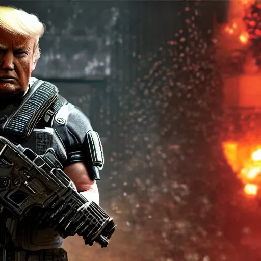 Prompt: Movie still of Donald Trump as ((the punisher)) in Gears of War, splash art, movie still, detailed face, cinematic lighting, dramatic, octane render, long lens, shallow depth of field, bokeh, anamorphic lens flare, 8k, hyper detailed, 35mm film grain