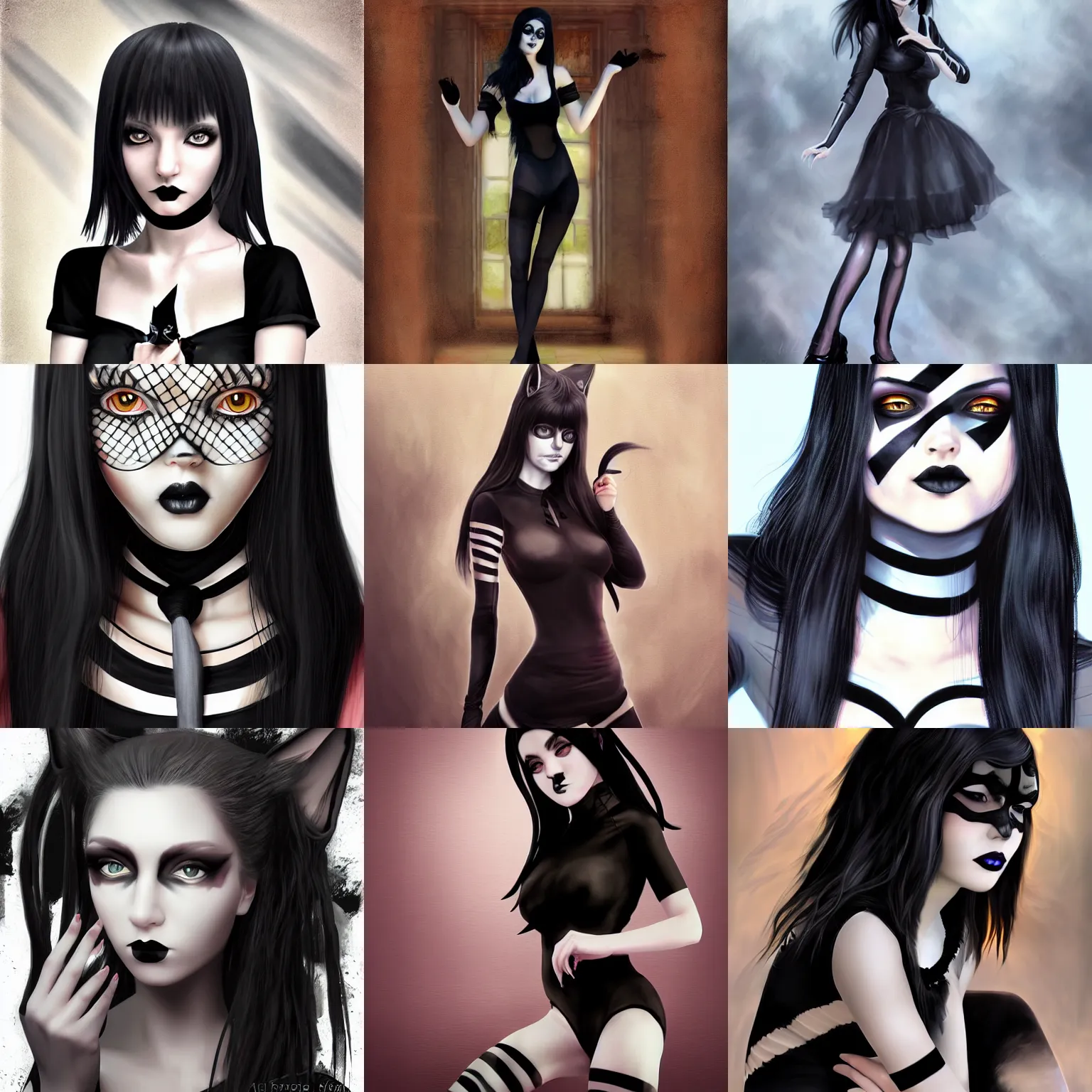 Prompt: portrait of a goth catgirl, black t - shirt, striped pantyhose, digital art, matte painting by victoria frances and artgerm