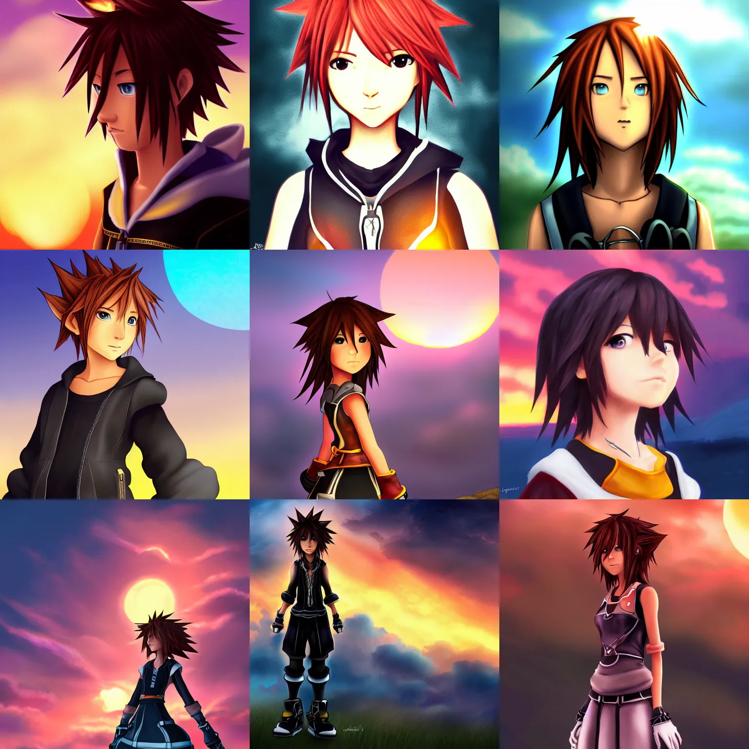 Prompt: xion with sunset clouds as the background | kingdom hearts character portrait, trending on artstation, deviantart, painttoolsai, pixiv, 8 k, fanart