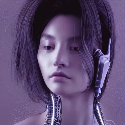 Prompt: the portrait of an absurdly beautiful, graceful, sophisticated, fashionable cyberpunk gravure idol, an ultrafine hyperdetailed illustration by kim jung gi, irakli nadar, matt wisniewski, intricate linework, neon wiring, porcelain skin, futuristic integrated headset, unreal engine 5 highly rendered, global illumination, radiant light, detailed and intricate environment