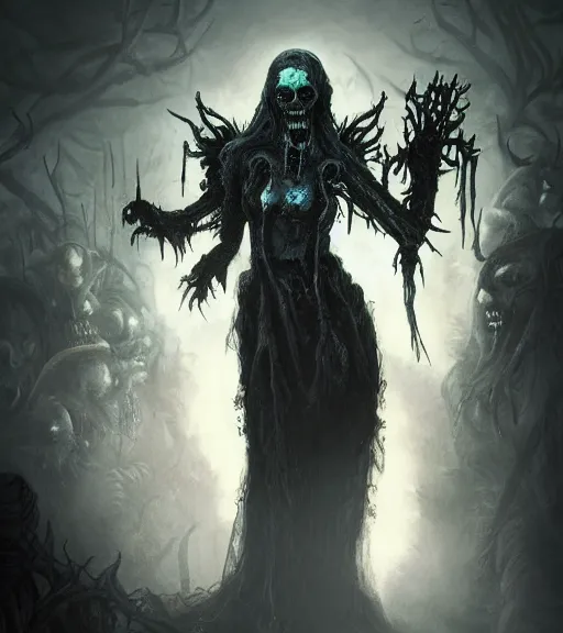 Image similar to gothic necrolord female with zombie servents, digital painting, liminal eerie midnight backlit, a picture taken by Michael Komarck and Daniel Ljunggren