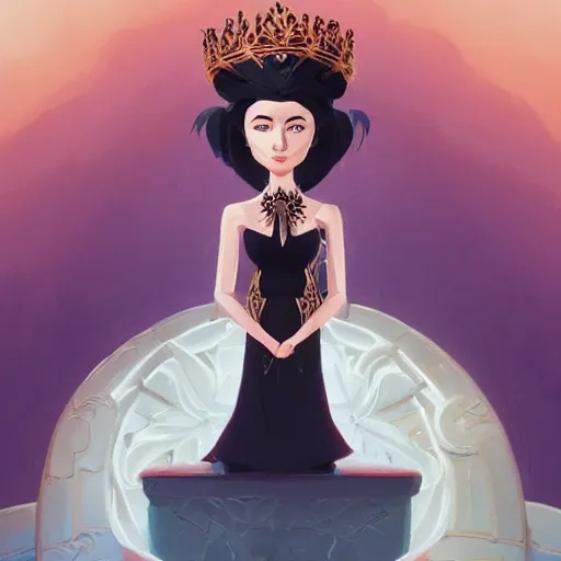 Prompt: face icon stylized minimalist a beautiful black haired woman with pale skin and a crown on her head sitted on an intricate metal throne, loftis, cory behance hd by jesper ejsing, by rhads, makoto shinkai and lois van baarle, ilya kuvshinov, rossdraws global illumination,