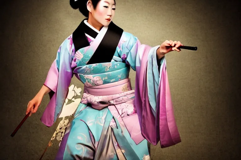 Image similar to beautiful photo of a geisha samurai warrior, mid action swing, muted pastels, action photography, 1 / 1 2 5 shutter speed, back lit lighting