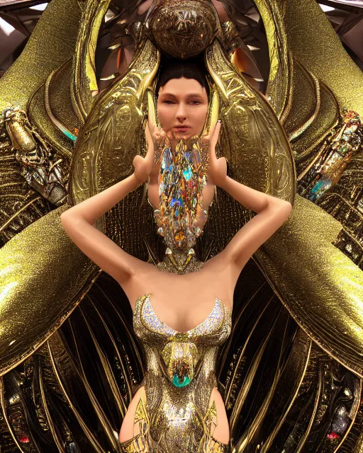 Prompt: a highly detailed metahuman 4 k close up render of an alien goddess bella hadid monument flying in iris van herpen dress schiaparelli in diamonds crystals swarovski and jewelry iridescent in style of alphonse mucha gustav klimt trending on artstation made in unreal engine 4