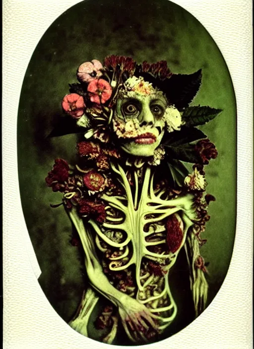 Image similar to beautiful and detailed rotten woman made of plants and many different types of flowers, muscles, intricate, organs, ornate, surreal, miguel angel, gustave courbet, caravaggio, romero ressendi, van gogh, 1 9 1 0 polaroid photo