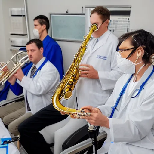 Image similar to doctors playing saxophone made out of clear tubing, syringes, urine collection bag, iv pole, fluid bag, nebulizer equipment, bag - valve mask, intubation equipment, speculum, defibrillator, coban. concert in surgical theater.