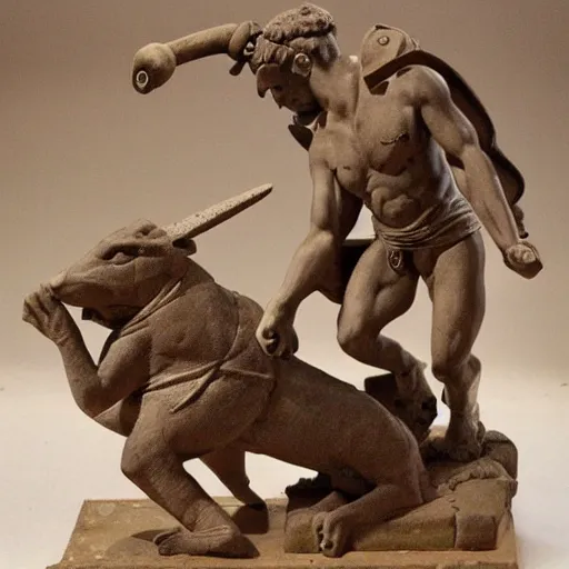 Prompt: greek warriors fighting against capybara, ancient greek statue, epic, detailled