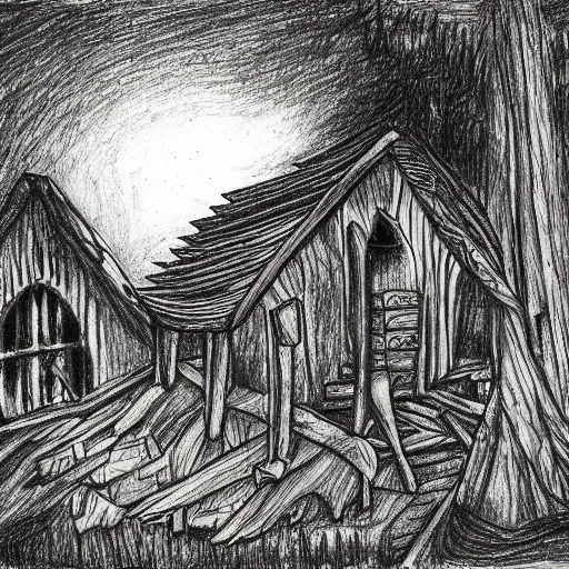 Prompt: a drawing of a Eerie cabin in the middle of the woods in the style of Albrecht Durer