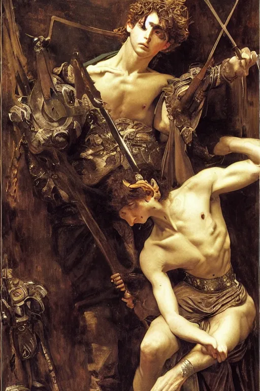 Image similar to timothee chalamet as a bandit king, god of the forge by edgar maxence and caravaggio and michael whelan and delacroix