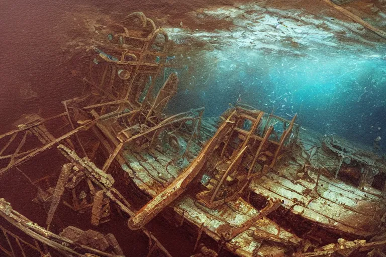 Image similar to an ancient shipwreck on the seafloor in the depths of the ocean, underwater, atmospheric immersive oil painting