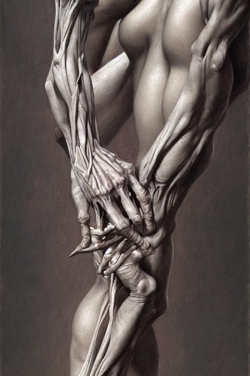 Image similar to human forearm artists anatomy in the style of wayne barlowe, gustav moreau, goward, bussiere, roberto ferri, santiago caruso, luis ricardo falero, dali