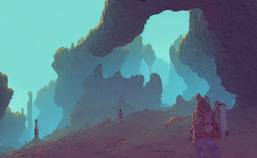 Prompt: natural cave wall, dynamic light, some old objects on the ground, mist low over ground, illustration by josan gonzales and moebius, clean line