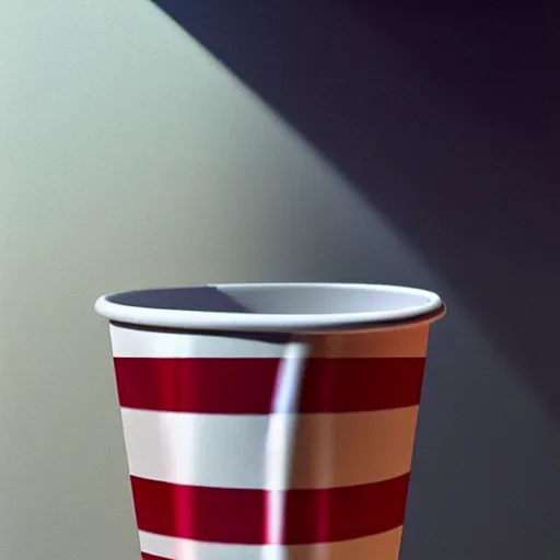 Image similar to white paper cup with red strip!!!, hyperrealistic, highly detailed, cinematic, volumetric sunlight, beautiful, cgssociety, artstation, 8 k, oil painting by greg rutkowski, by artgerm, by wlop