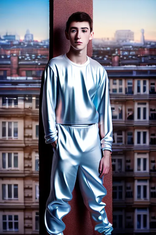 Image similar to un ultra high definition studio quality photographic art portrait of a young man standing on the rooftop of a british apartment building wearing soft baggy padded silver iridescent pearlescent clothing. three point light. extremely detailed. golden ratio, ray tracing, volumetric light, shallow depth of field. set dressed.