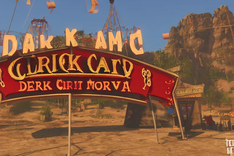 Image similar to 3d sculpt of an arched sign for a circus called 'the dark metal carnival', red dead redemption2, las vegas, artstaton, digital illustration