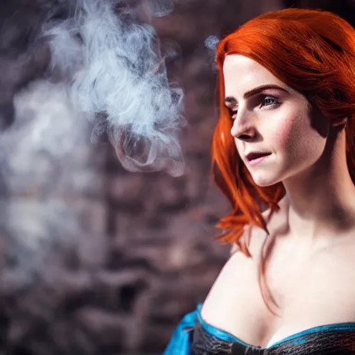 Image similar to Triss Merigold cosplay by Emma Watson, 8k, professional photography, cinematic studio shot, dark, smoke