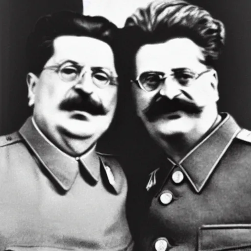 Image similar to stalin and trotsky hugging, black and white photography