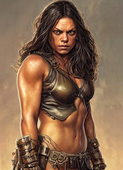 Image similar to exhausted Mila Kunis as a very muscled rugged looking Amazon, dirty, sweating, intricate, elegant, highly detailed, artstation, concept art, sharp focus, art by artgerm and donato giancola and Joseph Christian Leyendecker, WLOP