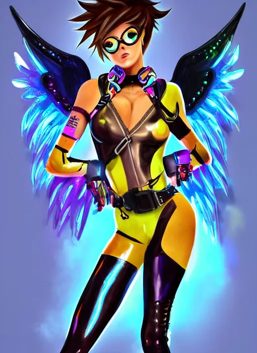 Image similar to portrait digital artwork of tracer overwatch, wearing iridescent rainbow latex and leather straps catsuit outfit, in style of mark arian, angel wings, dramatic painting, wearing detailed leather collar, chains, black harness, detailed face and eyes,