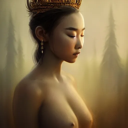 Image similar to beautiful elegant mongolian princess royalty portrait in sensual pose, face centered portrait, confident, fog, volumetric lighting, beautiful, golden hour, sharp focus, ultra detailed, conceptartworld by leesha hannigan, ross tran, thierry doizon, kai carpenter, ignacio fernandez rios