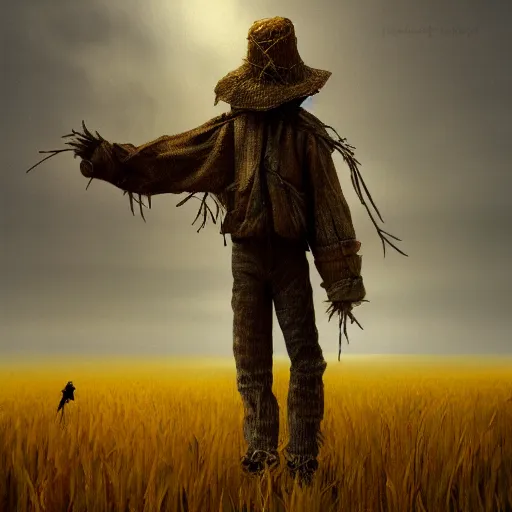 Prompt: detailed soft painting of a scarecrow in a field of wheat rembrandt style, elegant, highly detailed, artstation, concept art, matte, sharp focus, folk horror gothic