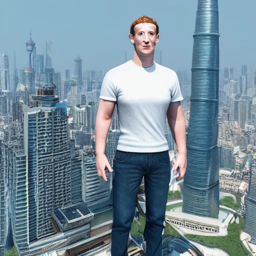 Prompt: professional photograph of very hot and muscular mark zuckerberg, gleaming skin, glowing, sparkling, on top on shanghai tower, hyper realistic, rendered in unreal 5, octane render, artstation, ambient lighting