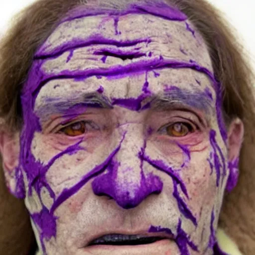 Image similar to real photograph of old face with purple scars, hd