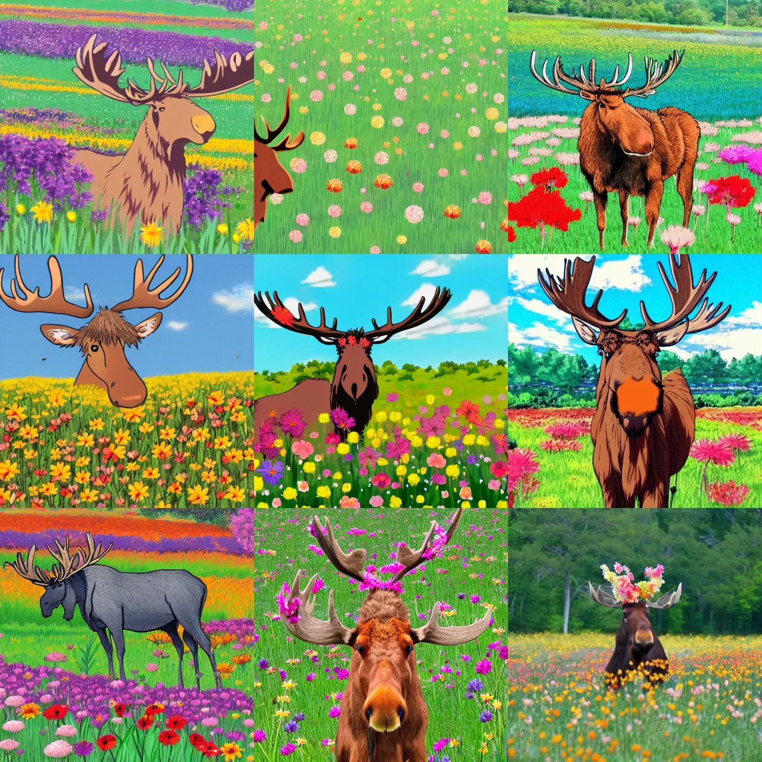 Prompt: a field of flowers with a happy moose in the style of an anime